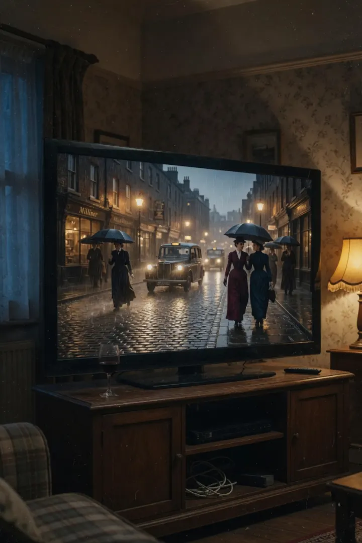 Period drama on a living room TV