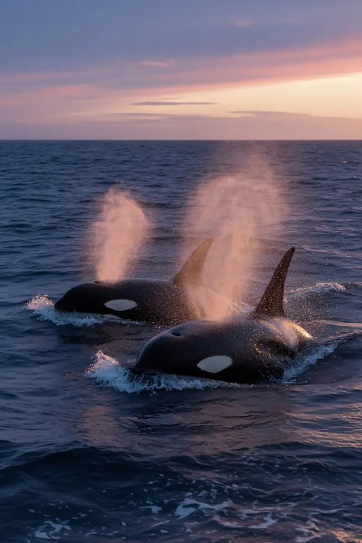 Orcas at dusk